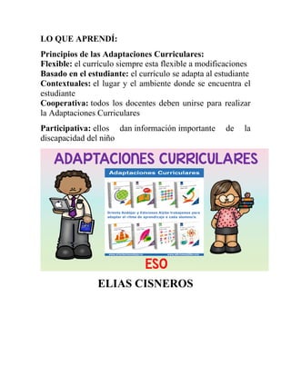 LO QUE APRENDÍ:
Principios de las Adaptaciones Curriculares:
Flexible: el currículo siempre esta flexible a modificaciones
Basado en el estudiante: el currículo se adapta al estudiante
Contextuales: el lugar y el ambiente donde se encuentra el
estudiante
Cooperativa: todos los docentes deben unirse para realizar
la Adaptaciones Curriculares
Participativa: ellos dan información importante de la
discapacidad del niño
ELIAS CISNEROS
 