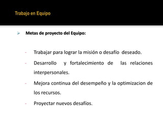 RealizaciónEtapas en el Desarrollo de un EquipoFormación: Se caracteriza por una gran incertidumbre respecto de la estructura y liderazgo. Las personas aprenden que conductas son aceptables. Esta fase termina cuando los miembros empiezan a considerarse parte de un grupo relativamente estable.Etapas en el Desarrollo de un EquipoConflicto: Los miembros aceptan la existencia del grupo, pero se resisten al control que ejerce sobre cada uno. Esta fase se caracteriza por la definición de los roles y  relaciones entre los participantes, como y cuando se repartirá y ejercerá el poder y la influencia, así como los mecanismos de control interno del grupo. Se permite el disenso.Etapas en el Desarrollo de un EquipoOrganización:En esta etapa surgen relaciones estructuradas, con roles estables, con mutuas influencias, un ejercicio del poder equilibrado en que el grupo muestra cohesión. Se  definen  los vínculos,  los objetivos y la forma de alcanzarlos (método). Se ha conformado entonces, un equipo.Etapas en el Desarrollo de un EquipoRealización:La estructura y los objetivos del grupo están plenamente definidos. La energía de cada una de las personas  se centra en la ejecución de tareas, el cumplimiento de metas  y el ayudar a los demás.Trabajo en EquipoVariables queinciden en el comportamiento de un Equipo:CONTENIDO + PROCESO- CONTENIDO:Es la materia a la cual el equipo aplica sus esfuerzos. Incluye los conocimientos, habilidades, información y comprensión que utiliza el equipo para conseguir sus resultados. ES EL QUÉ DEL EQUIPO		- PROCESO:  Es la forma en que el equipo utiliza el contenido. La dinámica 	que se desarrolla para fijar las normas de desempeño, compartir 	responsabilidades, fijar metas, dividir esfuerzos, interactuar y revisar los 	resultados. ES EL CÓMO DEL EQUIPO