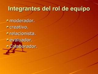 Integrantes del rol de equipo moderador. creativo. relacionista.  evaluador. Colaborador. 