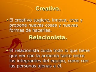 Creativo.El creativo sugiere, innova, crea y propone nuevas cosas y nuevas formas de hacerlas. Relacionista.El relacionista cuida todo lo que tiene que ver con la armonía tanto entre los integrantes del equipo, como con las personas ajenas a él. 