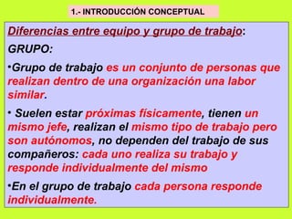 1.- INTRODUCCIÓN CONCEPTUAL   Diferencias entre equipo y grupo de trabajo : GRUPO: Grupo de trabajo  es un conjunto de personas que realizan dentro de una organización una labor similar .  Suelen estar  próximas físicamente , tienen  un mismo jefe , realizan el  mismo tipo de trabajo pero son autónomos , no dependen del trabajo de sus compañeros:  cada uno realiza su trabajo y responde individualmente del mismo   En el grupo de trabajo  cada persona responde individualmente.  