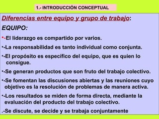 1.- INTRODUCCIÓN CONCEPTUAL   Diferencias entre equipo y grupo de trabajo : EQUIPO: - El liderazgo es compartido por varios. -La responsabilidad es tanto individual como conjunta. -El propósito es específico del equipo, que es quien lo consigue. -Se generan productos que son fruto del trabajo colectivo. -Se fomentan las discusiones abiertas y las reuniones cuyo objetivo es la resolución de problemas de manera activa. -Los resultados se miden de forma directa, mediante la evaluación del producto del trabajo colectivo. .-Se discute, se decide y se trabaja conjuntamente   