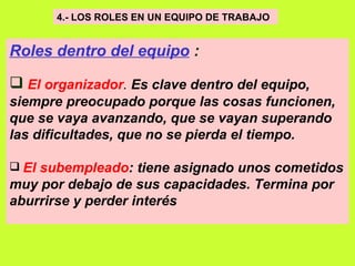 4.- LOS ROLES EN UN EQUIPO DE TRABAJO   Roles dentro del equipo  : El organizador .  Es clave dentro del equipo, siempre preocupado porque las cosas funcionen, que se vaya avanzando, que se vayan superando las dificultades, que no se pierda el tiempo.   El subempleado : tiene asignado unos cometidos muy por debajo de sus capacidades. Termina por aburrirse y perder interés   