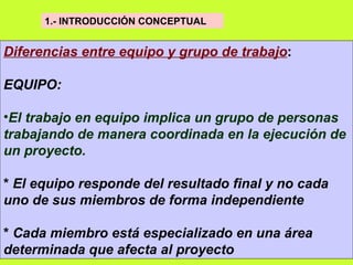1.- INTRODUCCIÓN CONCEPTUAL   Diferencias entre equipo y grupo de trabajo : EQUIPO: El trabajo en equipo implica un grupo de personas trabajando de manera coordinada en la ejecución de un proyecto.  *  El equipo responde del resultado final y no cada uno de sus miembros de forma independiente   *  Cada miembro está especializado en una área determinada que afecta al proyecto   
