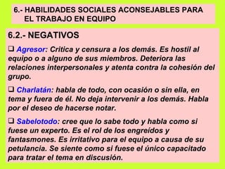 6.- HABILIDADES SOCIALES ACONSEJABLES PARA  EL TRABAJO EN EQUIPO   6.2.- NEGATIVOS   Agresor : Critica y censura a los demás. Es hostil al equipo o a alguno de sus miembros. Deteriora las relaciones interpersonales y atenta contra la cohesión del grupo. Charlatán : habla de todo, con ocasión o sin ella, en tema y fuera de él. No deja intervenir a los demás. Habla por el deseo de hacerse notar. Sabelotodo : cree que lo sabe todo y habla como si fuese un experto. Es el rol de los engreídos y fantasmones. Es irritativo para el equipo a causa de su petulancia. Se siente como si fuese el único capacitado para tratar el tema en discusión.   