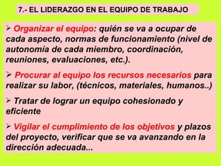 7.- EL LIDERAZGO EN EL EQUIPO DE TRABAJO   Organizar el equipo : quién se va a ocupar de cada aspecto, normas de funcionamiento (nivel de autonomía de cada miembro, coordinación, reuniones, evaluaciones, etc.).   Procurar al equipo los recursos necesarios  para realizar su labor, (técnicos, materiales, humanos..)   Tratar de lograr un equipo cohesionado y eficiente   Vigilar el cumplimiento de los objetivos  y plazos del proyecto, verificar que se va avanzando en la dirección adecuada...   