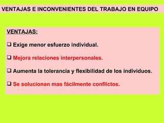 VENTAJAS E INCONVENIENTES DEL TRABAJO EN EQUIPO   VENTAJAS: Exige menor esfuerzo individual. Mejora relaciones interpersonales. Aumenta la tolerancia y flexibilidad de los individuos. Se solucionan mas fácilmente conflictos. 