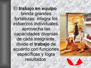 El  trabajo   en   equipo  brinda grandes fortalezas: integra los esfuerzos individuales, aprovecha las capacidades diversas de cada integrante, divide el  trabajo  de acuerdo con funciones específicas y logra resultados  