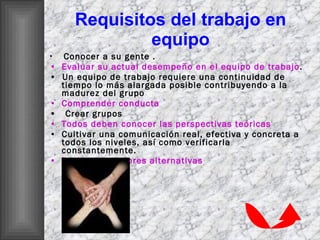 Requisitos del trabajo en equipo Conocer a su gente . Evaluar su actual desempeño en el equipo de trabajo . •  Un equipo de trabajo requiere una continuidad de tiempo lo más alargada posible contribuyendo a la madurez del grupo Comprender conducta  •  Crear grupos  Todos deben conocer las perspectivas teóricas  Cultivar una comunicación real, efectiva y concreta a todos los niveles, así como verificarla constantemente. Buscar las mejores alternativas 