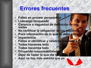 Errores frecuentes   Fallos en proveer perspectiva Liderazgo bloqueado Carencia o vaguedad de definición de las metas No certificar la obligación de los objetivos Poca información de lo que se debe obtener Impaciencia Fallos al identificar y celebrar resultados Todos hacemos todo   Todos hacemos todo Diluyendo responsabilidades Dejar de hacer lo que me toca Aquí no hay más estrella que yo 