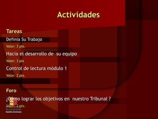 Actividades Tareas Definia Su Trabajo  Valor: 3 pts. Hacia el desarrollo de  su equipo   Valor: 3 pts Control de lectura módulo 1 Valor: 2 pts. Foro ¿Cómo lograr los objetivos en  nuestro Tribunal ? Valor: 2 pts . 