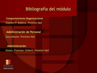 Bibliografía del módulo Comportamiento Organizacional Stephen P. Robbins. Prentice Hall Administración de Personal Gary Dessler. Prentice Hall Administración Stoner, Freeman, Gilbert. Prentice Hall 