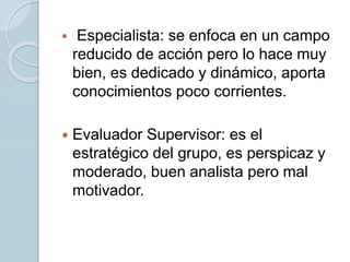  Especialista: se enfoca en un campo
reducido de acción pero lo hace muy
bien, es dedicado y dinámico, aporta
conocimientos poco corrientes.
 Evaluador Supervisor: es el
estratégico del grupo, es perspicaz y
moderado, buen analista pero mal
motivador.
 
