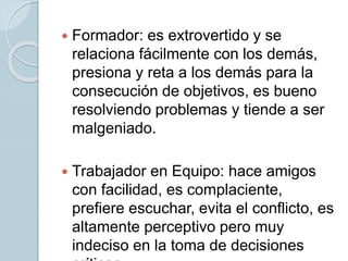  Formador: es extrovertido y se
relaciona fácilmente con los demás,
presiona y reta a los demás para la
consecución de objetivos, es bueno
resolviendo problemas y tiende a ser
malgeniado.
 Trabajador en Equipo: hace amigos
con facilidad, es complaciente,
prefiere escuchar, evita el conflicto, es
altamente perceptivo pero muy
indeciso en la toma de decisiones
 