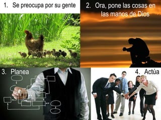 Se preocupa por su gente2.	Ora, pone las cosas en las manos de Dios3.	Planea4.	Actúa