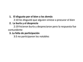 1.   El disgusto por el bien a los demás         2:10 les disgustó que alguien viniese a procurar el bien  2.  La burla y el desprecio         2:19 hicieron burla y despreciaron pero la respuesta fue contundente  3. La falta de participación         3:5 no participaron los notables
