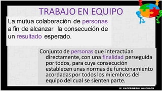 TRABAJO EN EQUIPO
La mutua colaboración de personas
a fin de alcanzar la consecución de
un resultado esperado.

           Conjunto de personas que interactúan
             directamente, con una finalidad perseguida
             por todos, para cuya consecución
             establecen unas normas de funcionamiento
             acordadas por todos los miembros del
             equipo del cual se sienten parte.
 