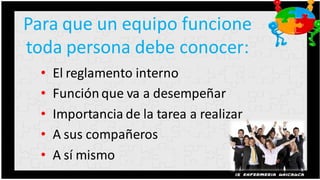 Para que un equipo funcione
toda persona debe conocer:
  •   El reglamento interno
  •   Función que va a desempeñar
  •   Importancia de la tarea a realizar
  •   A sus compañeros
  •   A sí mismo
 