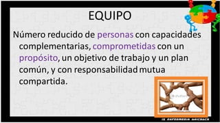 EQUIPO
Número reducido de personas con capacidades
 complementarias, comprometidas con un
 propósito, un objetivo de trabajo y un plan
 común, y con responsabilidad mutua
 compartida.
 