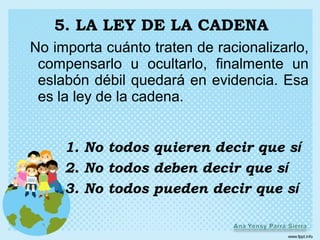 5. LA LEY DE LA CADENA
No importa cuánto traten de racionalizarlo,
 compensarlo u ocultarlo, finalmente un
 eslabón débil quedará en evidencia. Esa
 es la ley de la cadena.


     1. No todos quieren decir que sí
     2. No todos deben decir que sí
     3. No todos pueden decir que sí
 