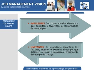 JOB MANAGEMENT VISION
SU ALIADO EN RECURSOS HUMANOS




  FACTORES DE
   ÉXITO EN EL              IMPULSORES: Son todos aquellos elementos
     EQUIPO                  que permiten y favorecen la conformación
                             de los equipos




                            LIMITANTES: Es importante identificar los
                             factores, internos o externos al equipo, que
                             detienen, retrasan o paralizan el crecimiento
                             del equipo de trabajo.




                         Seminarios y talleres de aprendizaje empresarial
 