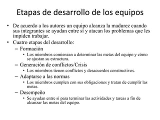 Etapas de desarrollo de los equipos
• De acuerdo a los autores un equipo alcanza la madurez cuando
  sus integrantes se ayudan entre sí y atacan los problemas que les
  impiden trabajar.
• Cuatro etapas del desarrollo:
   – Formación
       • Los miembros comienzan a determinar las metas del equipo y cómo
         se ajustan su estructura.
   – Generación de conflictos/Crisis
       • Los miembros tienen conflictos y desacuerdos constructivos.
   – Adaptarse a las normas
       • Los miembros cumplen con sus obligaciones y tratan de cumplir las
         metas.
   – Desempeño
       • Se ayudan entre sí para terminar las actividades y tareas a fin de
         alcanzar las metas del equipo.
 