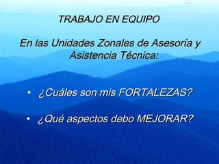 TRABAJO EN EQUIPOTRABAJO EN EQUIPO
En las Unidades Zonales de Asesoría yEn las Unidades Zonales de Asesoría y
Asistencia Técnica:Asistencia Técnica:
• ¿Cuáles son mis FORTALEZAS?¿Cuáles son mis FORTALEZAS?
• ¿Qué aspectos debo MEJORAR?¿Qué aspectos debo MEJORAR?
 