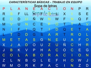 CARACTERÍSTICAS BÁSICAS - TRABAJO EN EQUIPOCARACTERÍSTICAS BÁSICAS - TRABAJO EN EQUIPO
Sopa de letrasSopa de letras
P L A N E A C I O N P R
R S F LL H F O L X I S E
E O D U Ñ W N W F N Q F
M V U N C E F O T T A V
N I F I Q T I D Q E T A
L T D D G S A R T R O L
M E T A S G N E U A F O
X J A D O U Z U Ñ C H R
J B K V P H A C O C E G
C O L A B O R A C I O N
Z L N B Q L E F H O W J
W M O R K P A C I N Z D
 