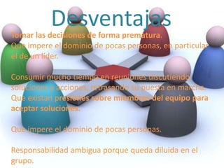 DesventajasTomar las decisiones de forma prematura.
Que impere el dominio de pocas personas, en particular
el de un líder.
Consumir mucho tiempo en reuniones discutiendo
soluciones y acciones, retrasando su puesta en marcha.
Que existan presiones sobre miembros del equipo para
aceptar soluciones.
Que impere el dominio de pocas personas.
Responsabilidad ambigua porque queda diluida en el
grupo.
 