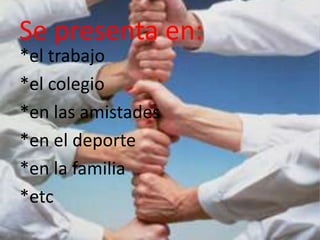 Se presenta en:
*el trabajo
*el colegio
*en las amistades
*en el deporte
*en la familia
*etc
 