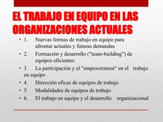 EL TRABAJO EN EQUIPO EN LAS
ORGANIZACIONES ACTUALES
• 1.

•
•
•
•
•

Nuevas formas de trabajo en equipo para
afrontar actuales y futuras demandas
2. Formación y desarrollo ("team-building") de
equipos eficientes
3. La participación y el "empowerment" en el trabajo
en equipo
4. Dirección eficaz de equipos de trabajo
5. Modalidades de equipos de trabajo
6. El trabajo en equipo y el desarrollo organizacional

 