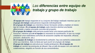 Las diferencias entre equipo de
trabajo y grupo de trabajo
El equipo de trabajo responde en su conjunto del trabajo realizado mientras que en
el grupo de trabajo cada persona responde individualmente.
En el grupo de trabajo sus miembros tienen formación similar y realizan el mismo
tipo de trabajo. En el equipo de trabajo cada miembro domina una faceta
determinada y realiza una parte concreta del proyecto.
En el grupo de trabajo cada persona puede tener una manera particular de
funcionar, mientras que en el equipo es necesario la coordinación, lo que va a exigir
establecer unos estándares comunes de actuación (rapidez de respuesta, eficacia,
precisión, dedicación, etc.).
En el equipo de trabajo es fundamental la cohesión, hay una estrecha colaboración
entre sus miembros. Esto no tiene por qué ocurrir en el grupo de trabajo.
El grupo de trabajo se estructura por niveles jerárquicos. En el equipo de
trabajo en cambio las jerarquías se diluyen: hay un jefe de equipo con una serie de
colaboradores, elegidos en función de sus conocimientos.
 