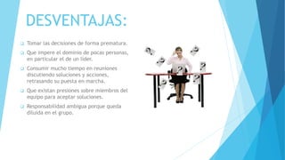 DESVENTAJAS:
 Tomar las decisiones de forma prematura.
 Que impere el dominio de pocas personas,
en particular el de un líder.
 Consumir mucho tiempo en reuniones
discutiendo soluciones y acciones,
retrasando su puesta en marcha.
 Que existan presiones sobre miembros del
equipo para aceptar soluciones.
 Responsabilidad ambigua porque queda
diluida en el grupo.
 