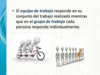 • El equipo de trabajo responde en su 
conjunto del trabajo realizado mientras 
que en el grupo de trabajo cada 
persona responde individualmente. 
 