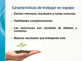 Características de trabajar en equipo 
o Existen intereses, resultados y metas comunes 
o Habilidades complementarias 
o Las soluciones son resultado de debates y 
consenso 
o Mejores resultados que trabajando solo 
 