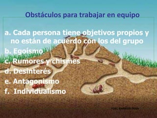 Obstáculos para trabajar en equipo 
a. Cada persona tiene objetivos propios y 
no están de acuerdo con los del grupo 
b. Egoísmo 
c. Rumores y chismes 
d. Desinterés 
e. Antagonismo 
f. Individualismo 
YOEL BARRIOS PEÑA 
 