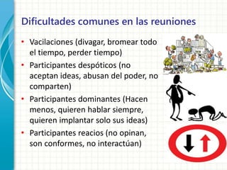 Dificultades comunes en las reuniones 
• Vacilaciones (divagar, bromear todo 
el tiempo, perder tiempo) 
• Participantes despóticos (no 
aceptan ideas, abusan del poder, no 
comparten) 
• Participantes dominantes (Hacen 
menos, quieren hablar siempre, 
quieren implantar solo sus ideas) 
• Participantes reacios (no opinan, 
son conformes, no interactúan) 
 
