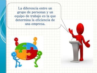 La diferencia entre un 
grupo de personas y un 
equipo de trabajo es la que 
determina la eficiencia de 
una empresa. 
 