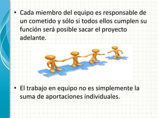 • Cada miembro del equipo es responsable de 
un cometido y sólo si todos ellos cumplen su 
función será posible sacar el proyecto 
adelante. 
• El trabajo en equipo no es simplemente la 
suma de aportaciones individuales. 
 