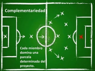 • Complementariedad 
Cada miembro 
domina una 
parcela 
determinada del 
proyecto. 
 