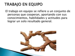 El trabajo en equipo se refiere a un conjunto de
personas que cooperan, aportando con sus
conocimientos, habilidades y actitudes para
lograr un solo resultado general.
 