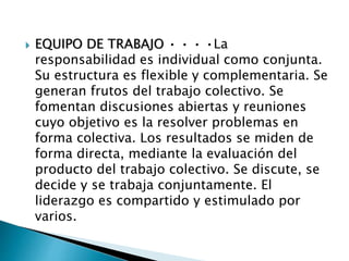  EQUIPO DE TRABAJO • • • •La
responsabilidad es individual como conjunta.
Su estructura es flexible y complementaria. Se
generan frutos del trabajo colectivo. Se
fomentan discusiones abiertas y reuniones
cuyo objetivo es la resolver problemas en
forma colectiva. Los resultados se miden de
forma directa, mediante la evaluación del
producto del trabajo colectivo. Se discute, se
decide y se trabaja conjuntamente. El
liderazgo es compartido y estimulado por
varios.
 