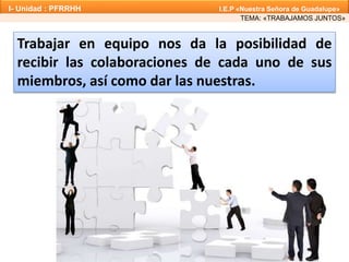Trabajar en equipo nos da la posibilidad de
recibir las colaboraciones de cada uno de sus
miembros, así como dar las nuestras.
TEMA: «TRABAJAMOS JUNTOS»
I- Unidad : PFRRHH I.E.P «Nuestra Señora de Guadalupe»
 