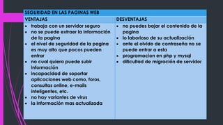 SEGURIDAD EN LAS PAGINAS WEB
VENTAJAS DESVENTAJAS
 trabaja con un servidor seguro
 no se puede extraer la información
de la pagina
 el nivel de seguridad de la pagina
es muy alto que pocos pueden
entrar
 no cual quiera puede subir
información
 incapacidad de soportar
aplicaciones web como, foros,
consultas online, e-mails
inteligentes, etc.
 no hay variantes de virus
 la información mas actualizada
 no puedes bajar el contenido de la
pagina
 lo laborioso de su actualización
 ante el olvido de contraseña no se
puede entrar a esta
 programacion en php y mysql
 dificultad de migración de servidor
 