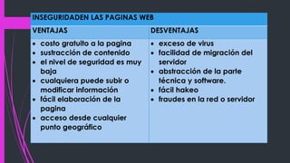 INSEGURIDADEN LAS PAGINAS WEB
VENTAJAS DESVENTAJAS
 costo gratuito a la pagina
 sustracción de contenido
 el nivel de seguridad es muy
baja
 cualquiera puede subir o
modificar información
 fácil elaboración de la
pagina
 acceso desde cualquier
punto geográfico
 exceso de virus
 facilidad de migración del
servidor
 abstracción de la parte
técnica y software.
 fácil hakeo
 fraudes en la red o servidor
 