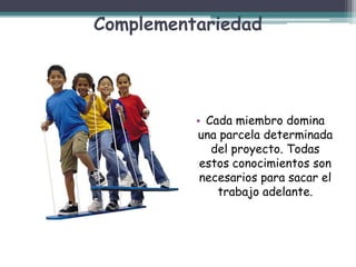 Complementariedad
• Cada miembro domina
una parcela determinada
del proyecto. Todas
estos conocimientos son
necesarios para sacar el
trabajo adelante.
 