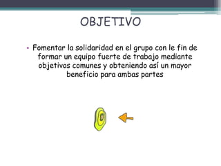 OBJETIVO
• Fomentar la solidaridad en el grupo con le fin de
formar un equipo fuerte de trabajo mediante
objetivos comunes y obteniendo así un mayor
beneficio para ambas partes
 
