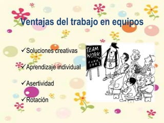 Ventajas del trabajo en equipos
Soluciones creativas
Aprendizaje individual
Asertividad
Rotación
 