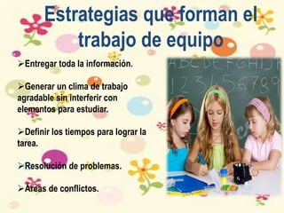 Estrategias que forman el
trabajo de equipo
Entregar toda la información.
Generar un clima de trabajo
agradable sin interferir con
elementos para estudiar.
Definir los tiempos para lograr la
tarea.
Resolución de problemas.
Áreas de conflictos.
 