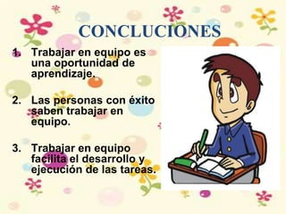 CONCLUCIONES
1. Trabajar en equipo es
una oportunidad de
aprendizaje.
2. Las personas con éxito
saben trabajar en
equipo.
3. Trabajar en equipo
facilita el desarrollo y
ejecución de las tareas.
 